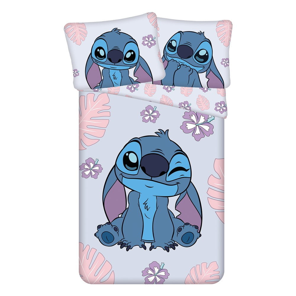 Lenjerie de pat pentru copii albastră/mov din bumbac pentru pat de o persoană 140x200 cm Lilo and Stitch 