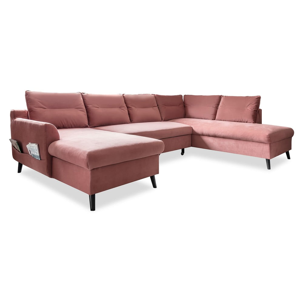 Canapea extensibila din catifea in forma de a€žUa€ cu sezlong pe partea dreapta Miuform Stylish Stan, roz