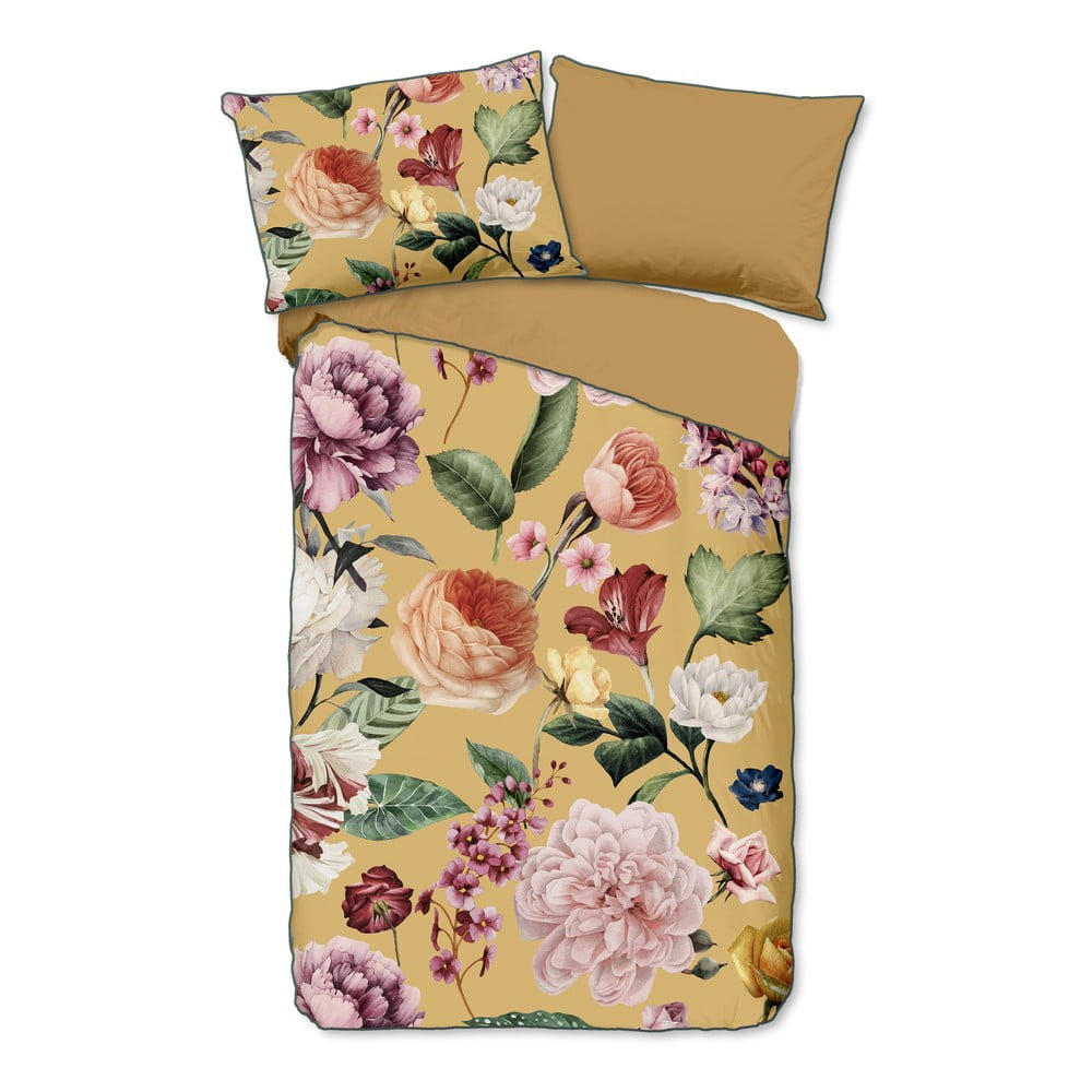 Lenjerie de pat din bumbac organic pentru pat de o persoană Descanso Flowery, 140 x 200 cm, galben 140 imagine noua