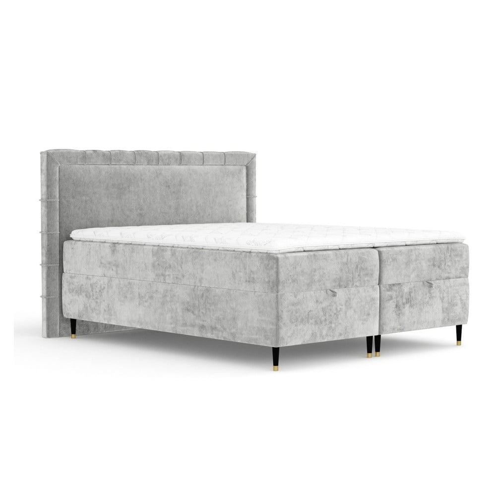 Pat boxspring gri deschis cu spațiu de depozitare 160x200 cm Voyage – Maison de Rêve