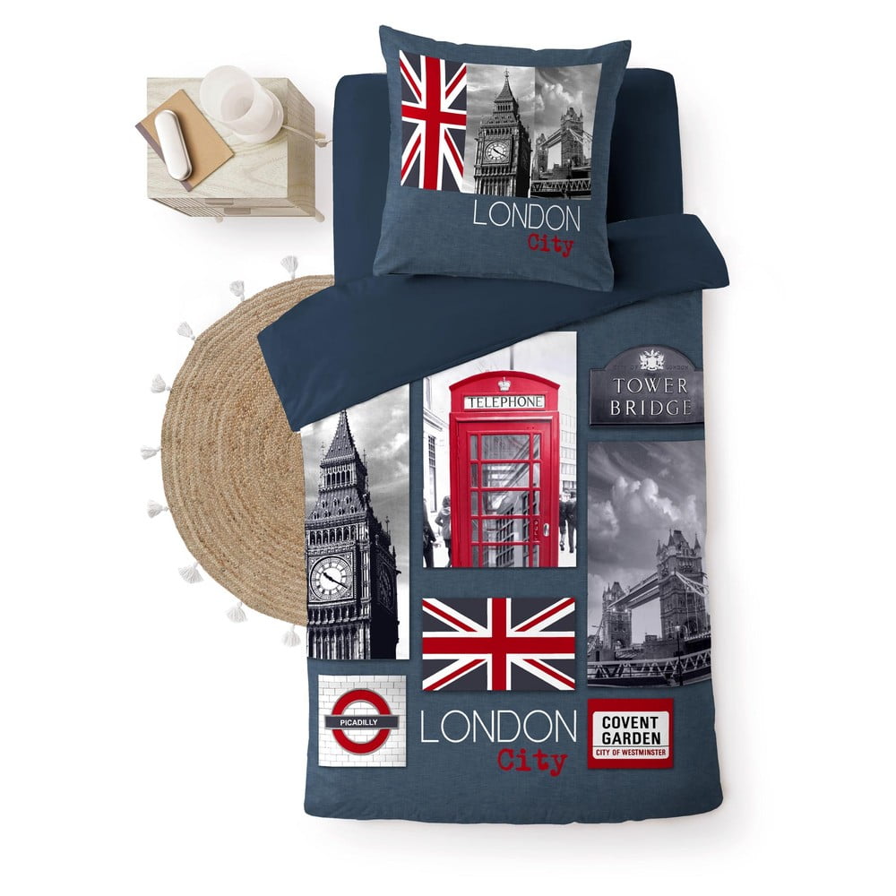 Lenjerie de pat albastru-închis din bumbac pentru pat de o persoană 140x200 cm City London – douceur d\'intérieur