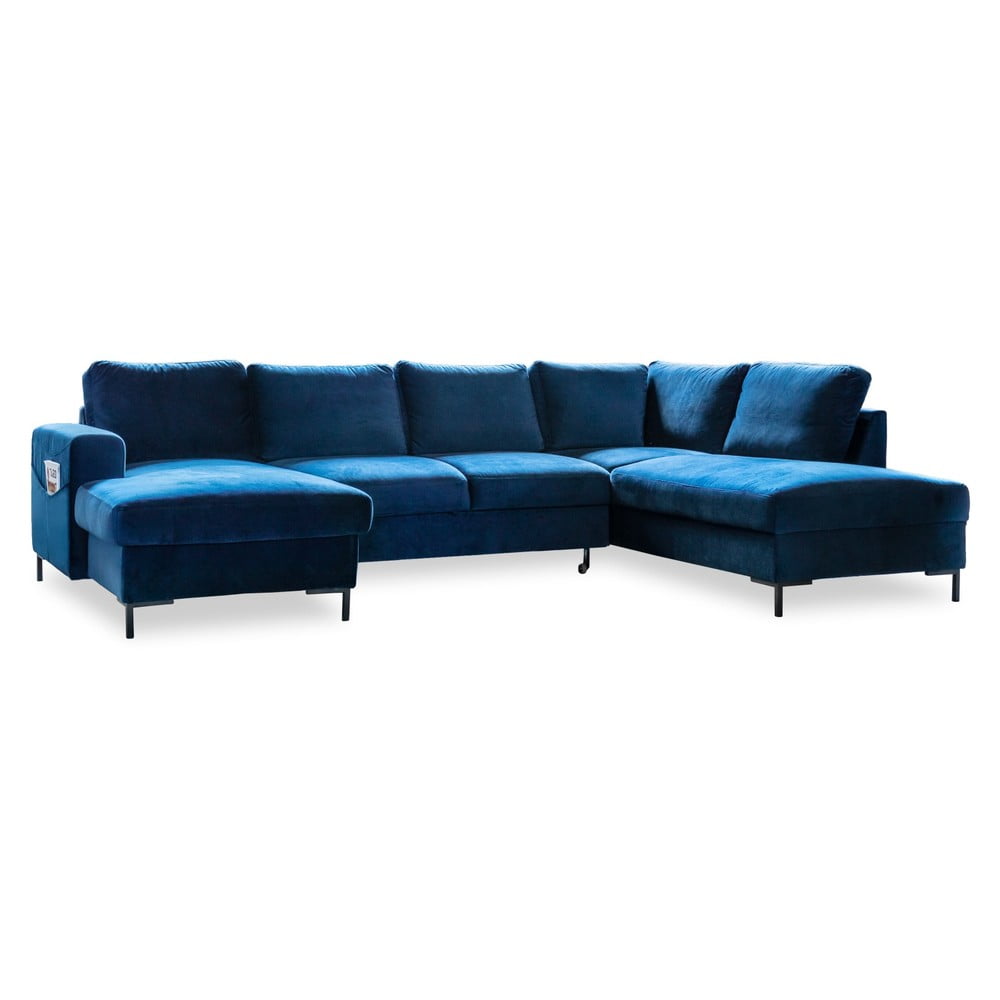 Canapea extensibilă din catifea în formă de „U” cu șezlong pe partea dreaptă Miuform Lofty Lilly, albastru marin "U" imagine noua