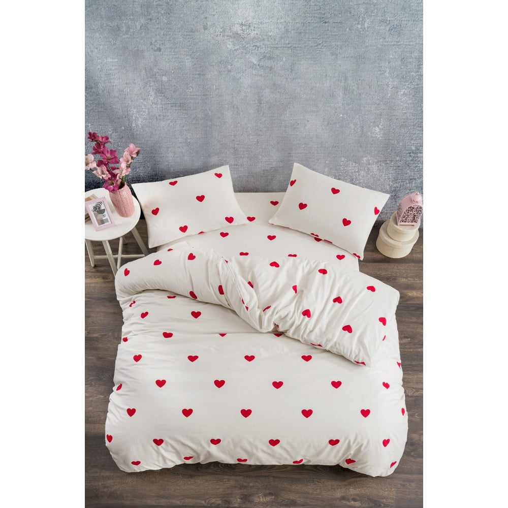 Lenjerie de pat crem din bumbac ranforcé pentru pat dublu/extins cu cearceaf inclus/cu 4 piese 200x220 cm Mini Hearts – Mila Home