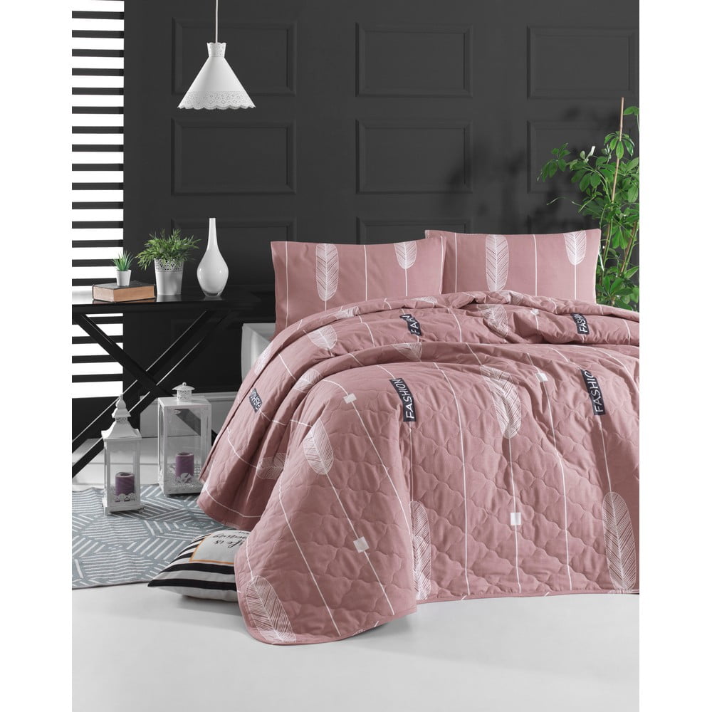 Cuvertură de pat cu față de pernă din bumbac ranforce EnLora Home Modena, 180 x 225 cm, roz bonami.ro pret redus