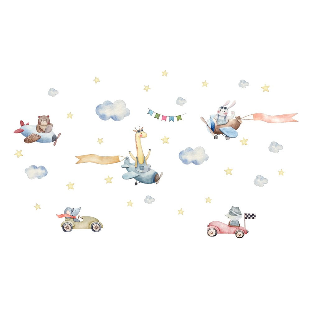 Autocolant de perete pentru copii ambiance animals racing in cars and planes, 90 x 60 cm
