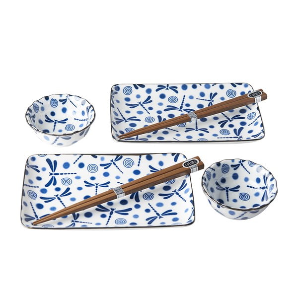 Set 6 farfurii de sushi din ceramică MIJ Blue Dragonfly, albastru-alb