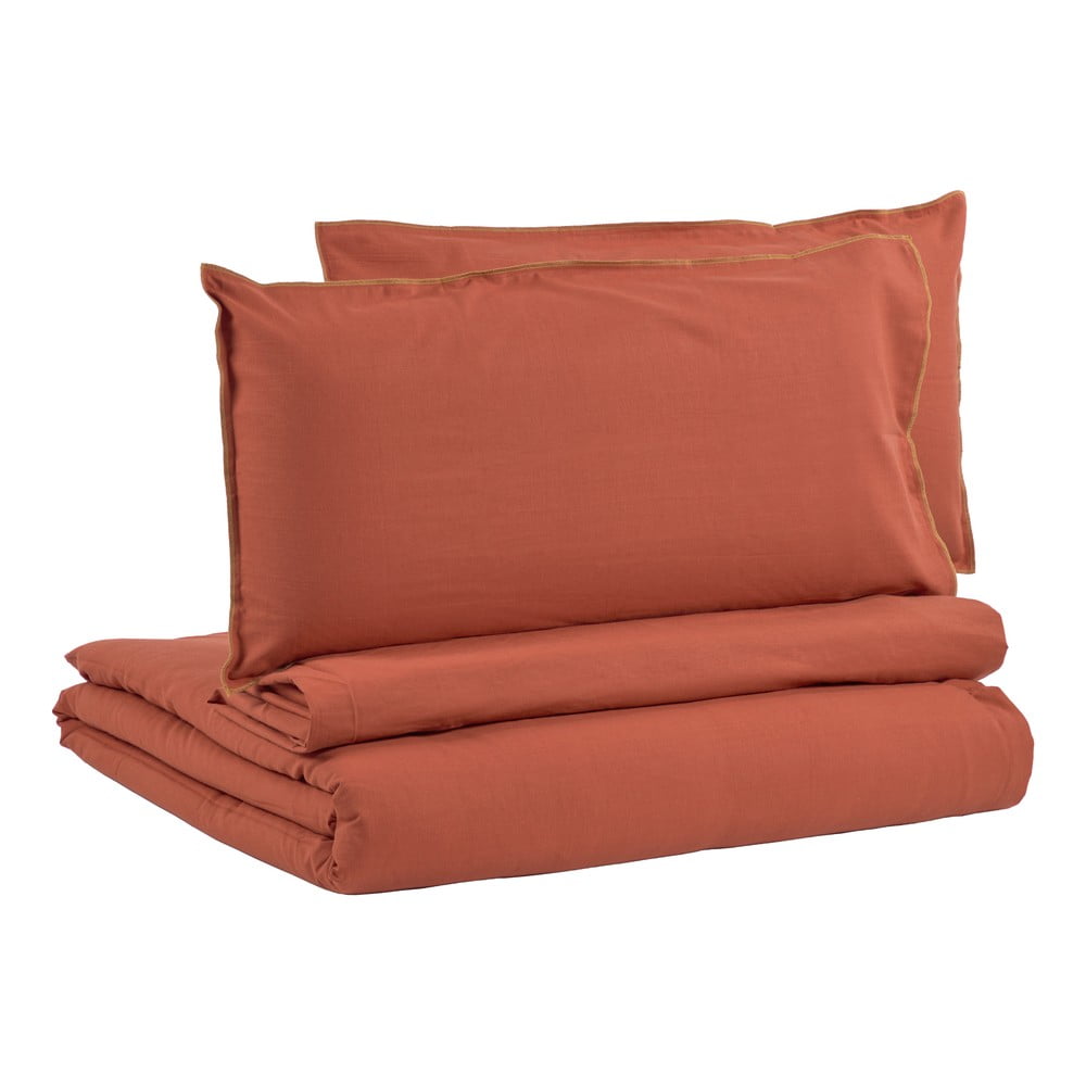 Lenjerie de pat cu cearșaf din bumbac organic Kave Home Ibelis, 220 x 240 cm, maro - portocaliu