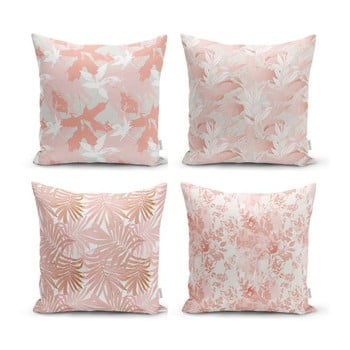 Set 4 fețe de pernă decorative minimalist cushion covers pink leaves, 45 x 45 cm