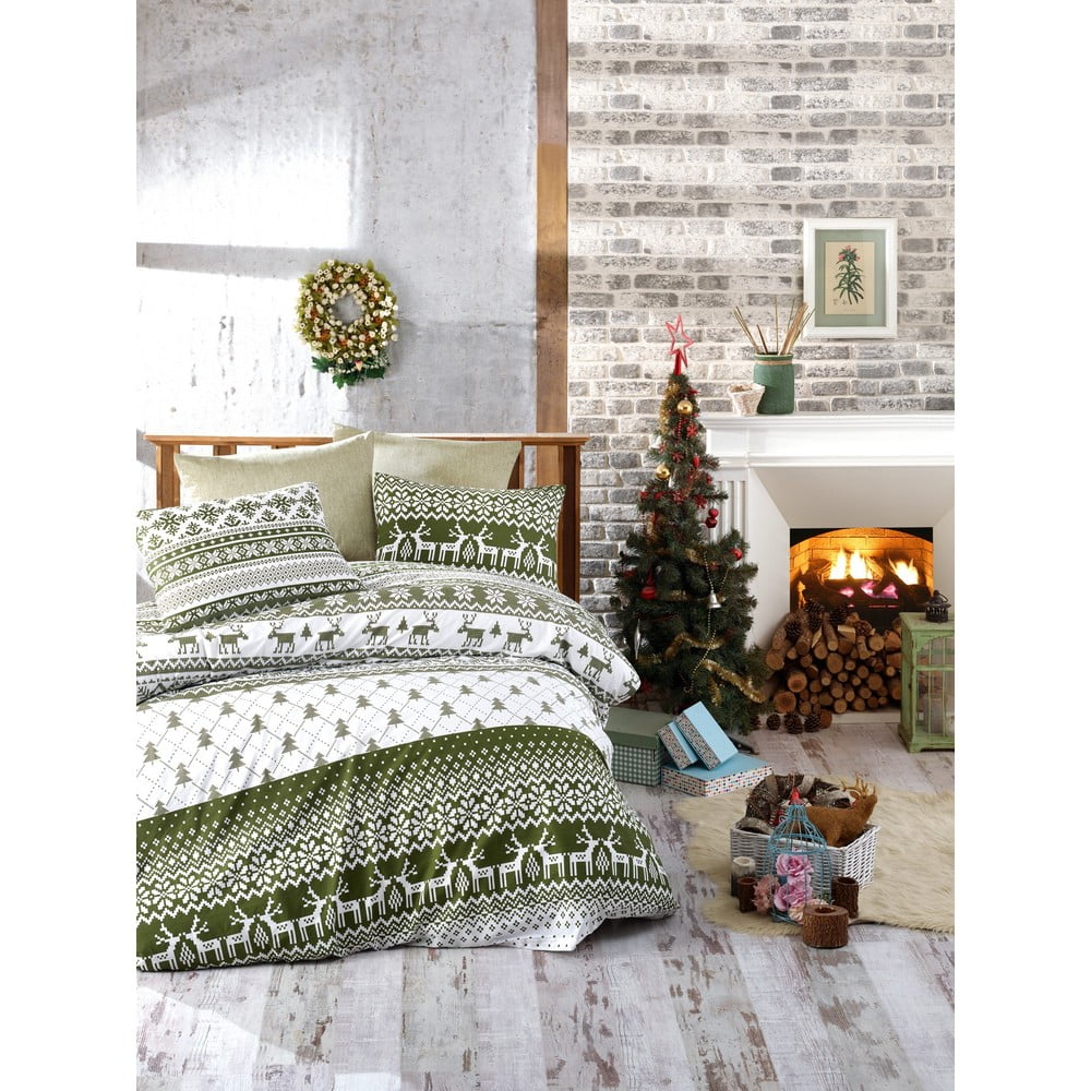 Lenjerie cu cearceaf pentru pat de o persoană, din bumbac ranforsat Nazenin Home Winter Green, 140 x 200 cm