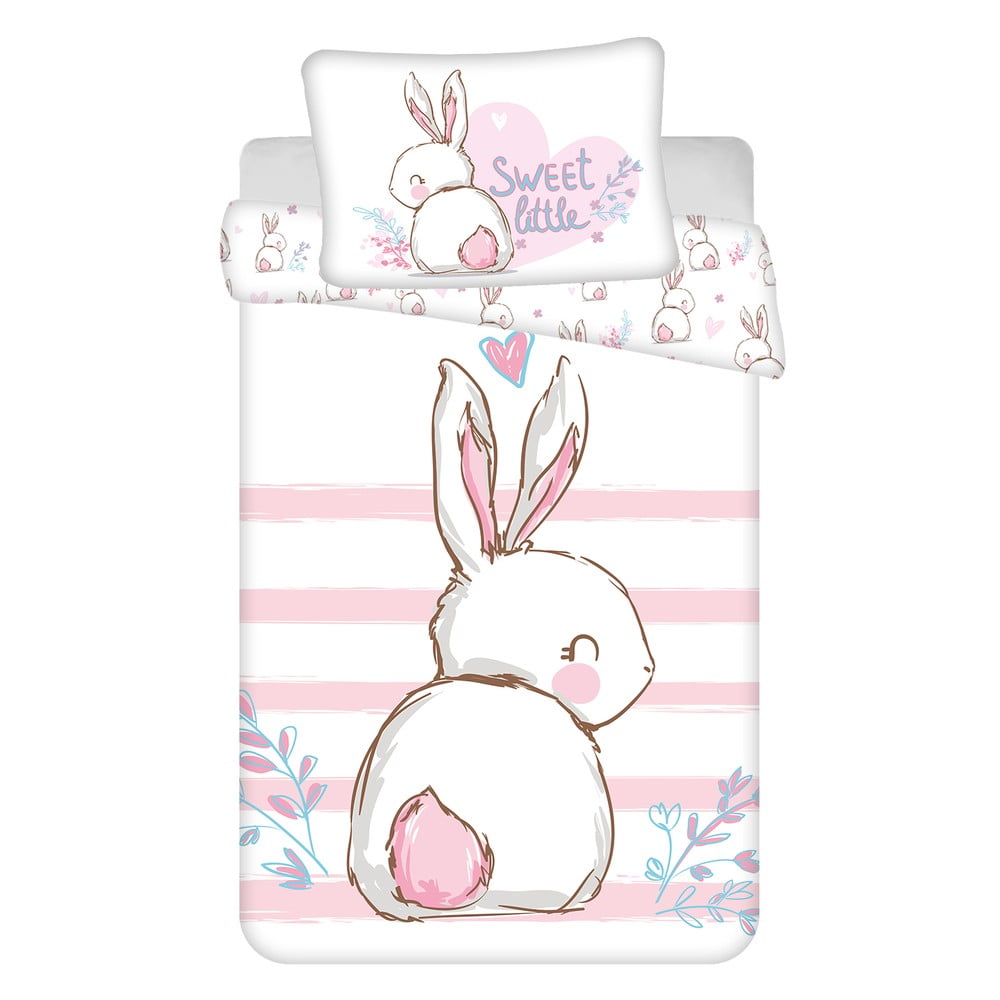 Lenjerie de pat pentru copii albă/roz din bumbac pentru pătuț 100x135 cm Bunny 