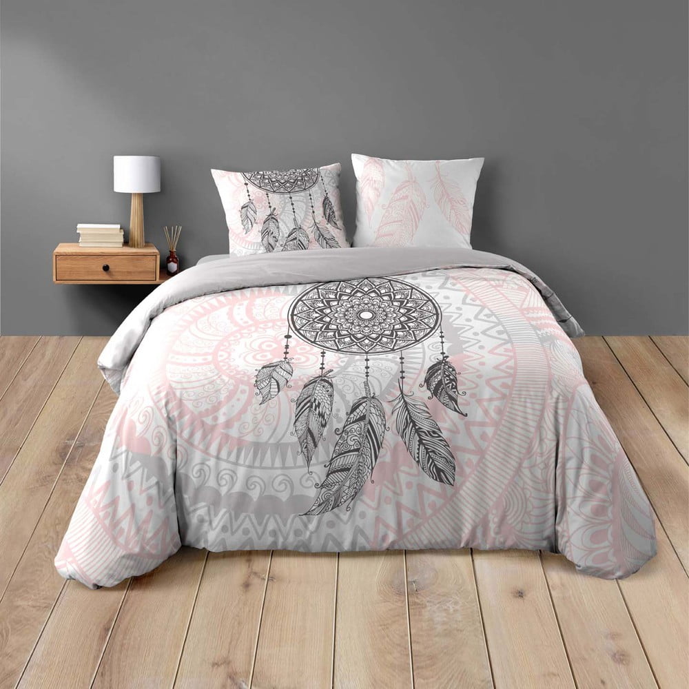 Lenjerie de pat albă/roz din bumbac pentru pat dublu 200x200 cm Namaste – douceur d\'intérieur