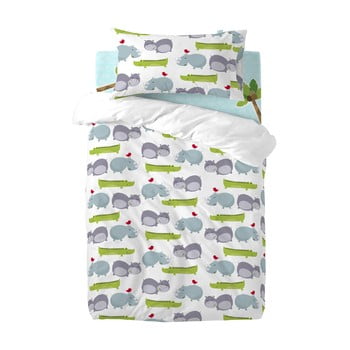 Lenjerie de pat din bumbac pentru copii, pentru pat de o persoană mr. fox hippo, 100 x 120 cm