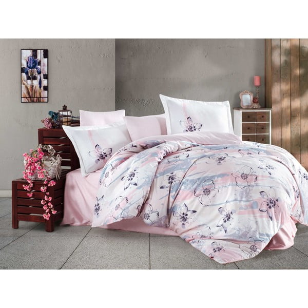 Lenjerie de pat din bumbac satinat pentru pat dublu cu cearșaf Hobby Brisha, 200 x 220 cm, roz