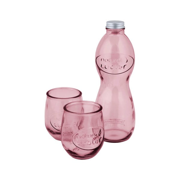 Set 1 sticlă și 2 pahare din sticlă reciclată Ego Dekor Water, roz