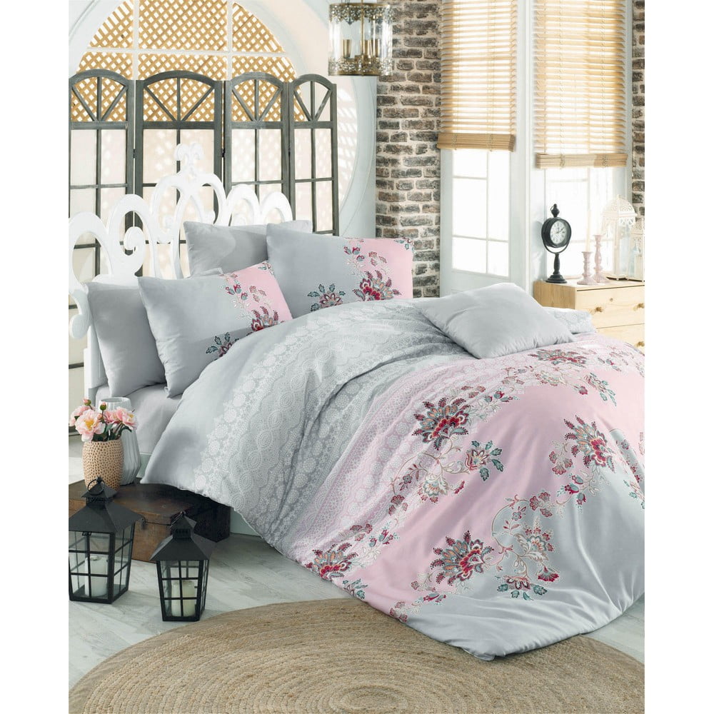 Lenjerie de pat verde-mentă-roz din bumbac pentru pat dublu 200×200 cm Azra – Mijolnir 200x200