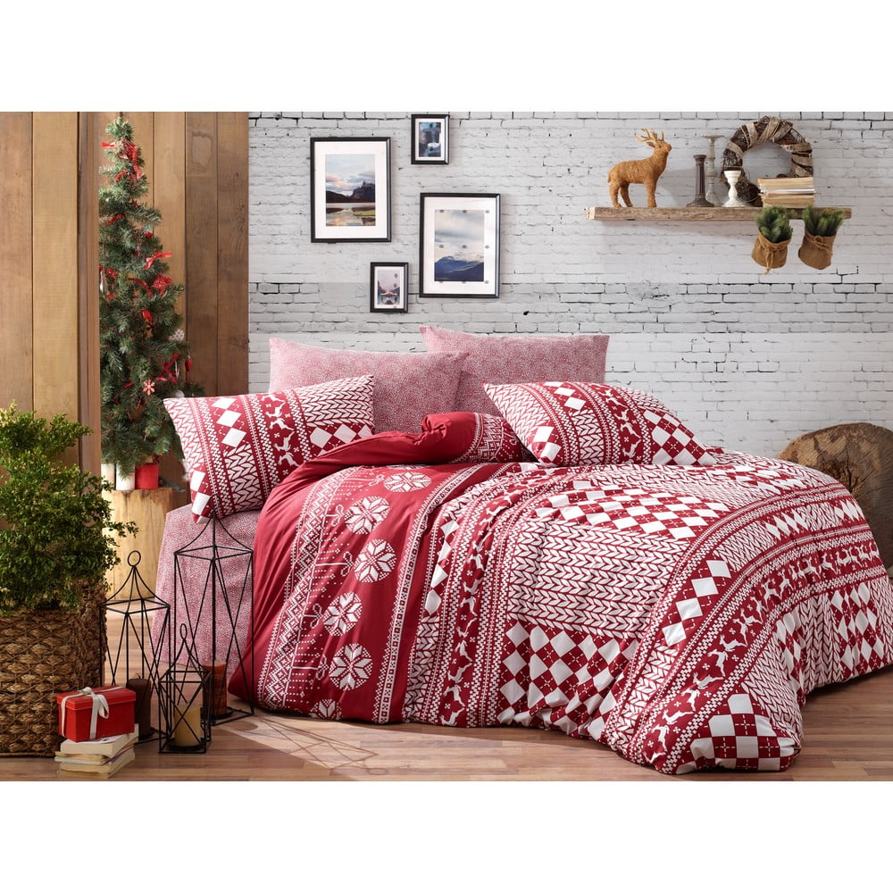 Lenjerie cu cearceaf pentru pat de o persoană, din bumbac ranforsat Nazenin Home Deer Claret Red, 140 x 200 cm