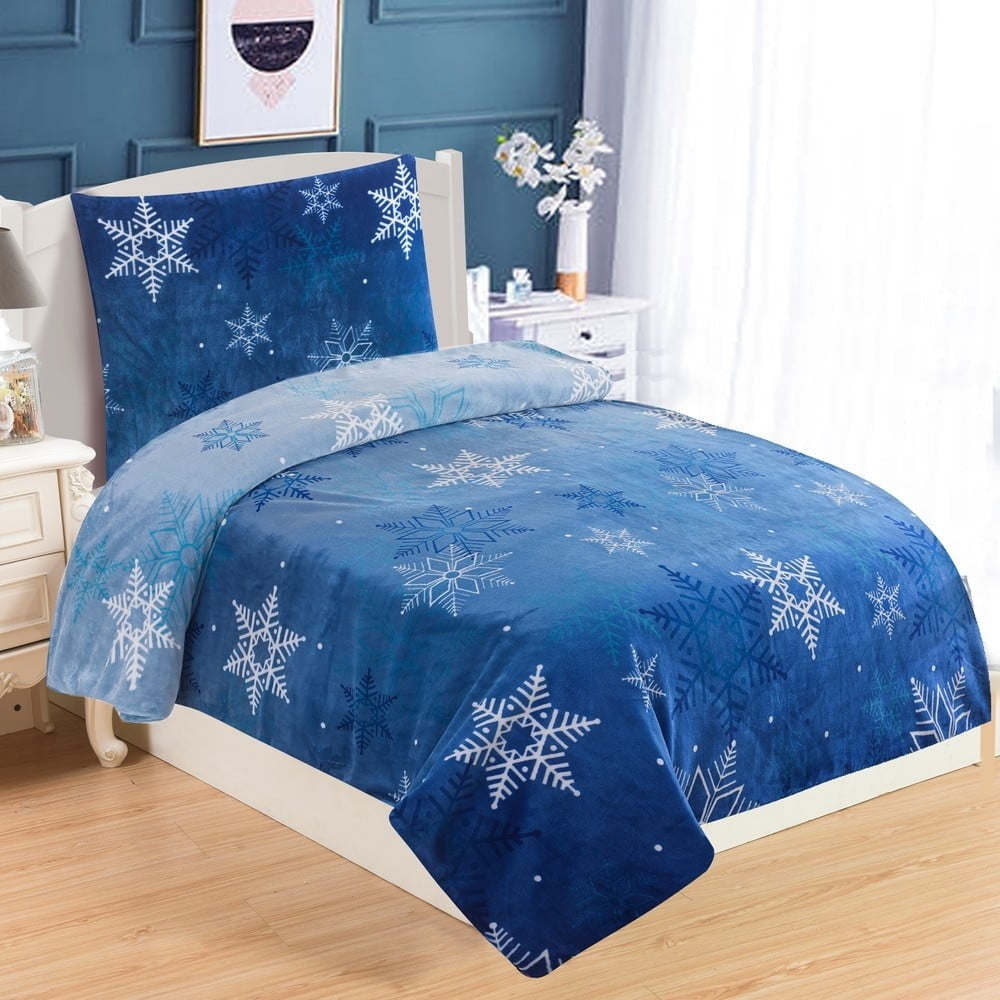 Lenjerie din micropluș pentru pat de o persoană My House Snowflakes, 140 x 200 cm, albastru 140 imagine noua