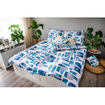 Lenjerie de pat din bumbac cotton house abstract, 140 x 200 cm, alb - albastru