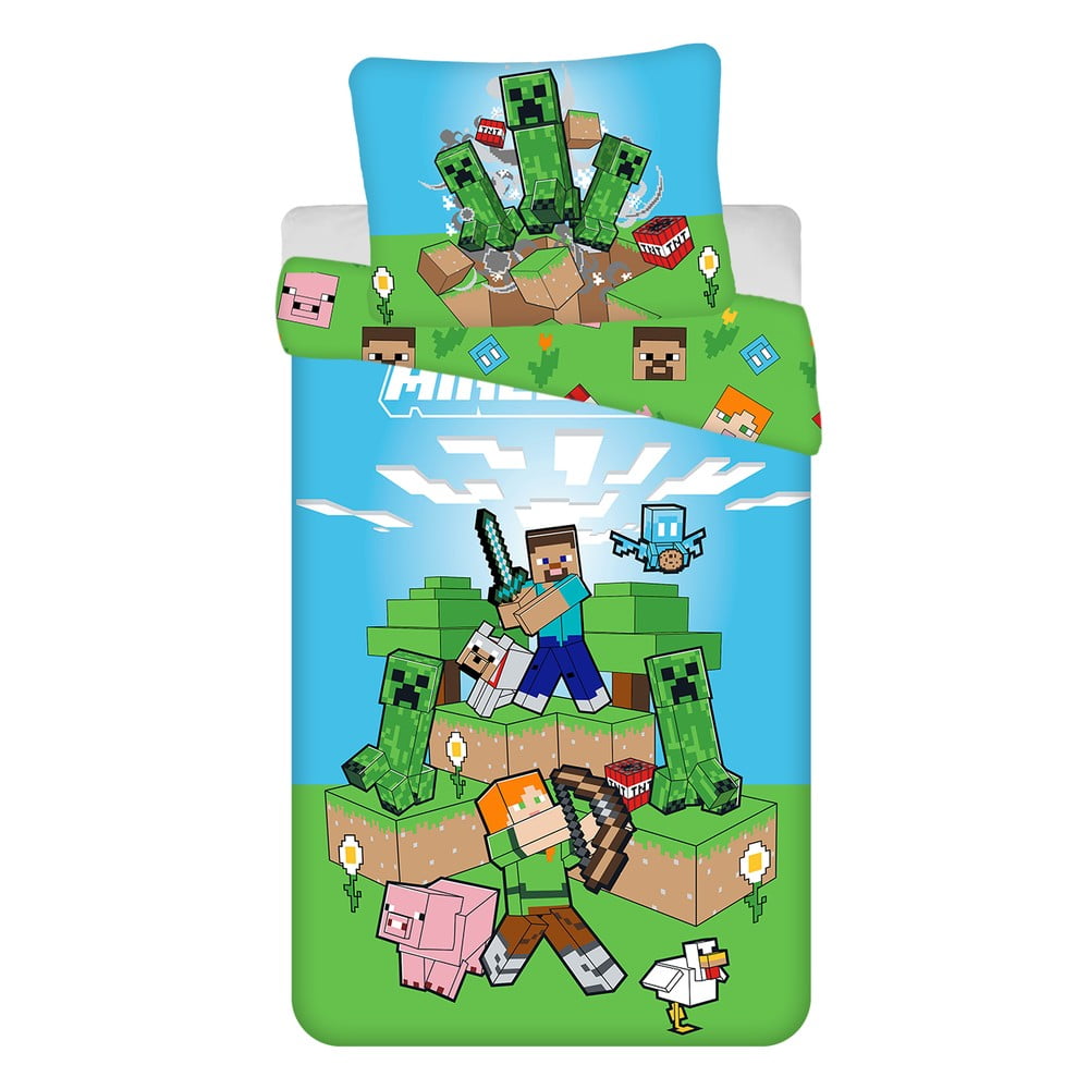 Lenjerie de pat pentru copii verde/albastră din bumbac pentru pat de o persoană 140x200 cm Minecraft 