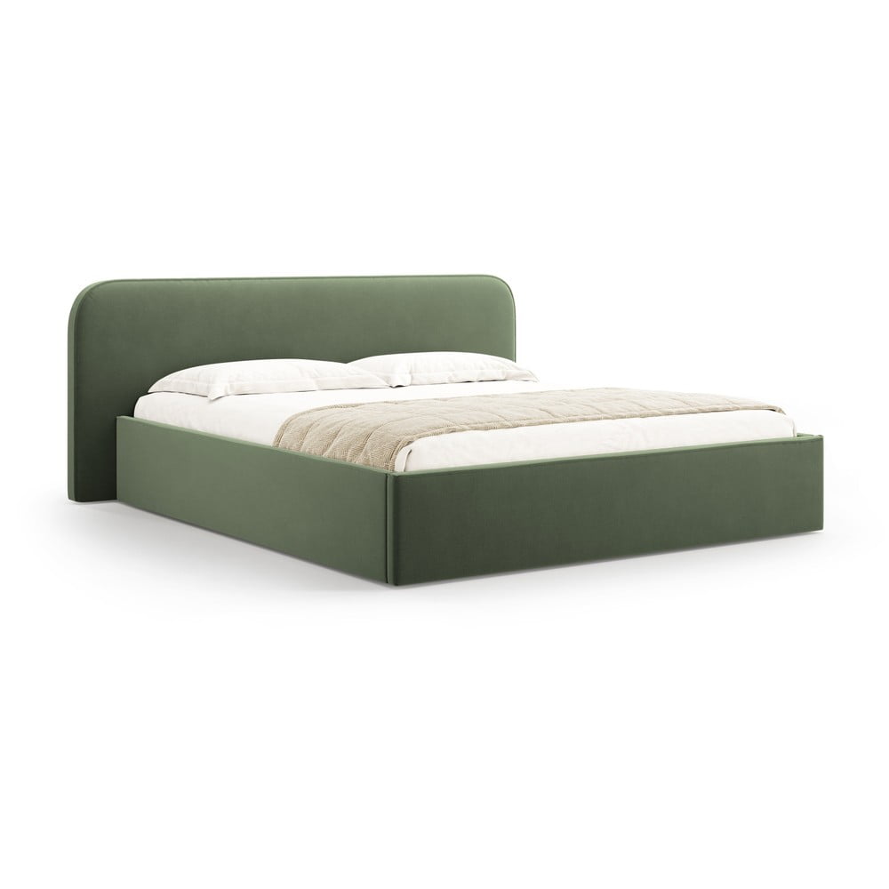 Pat matrimonial verde tapițat cu spațiu de depozitare cu somieră 200x200 cm Elizabeth – Micadoni