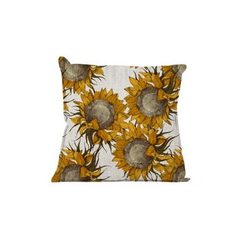 Pernă linen couture sunflower, 45 x 45 cm, bej, motive floarea soarelui