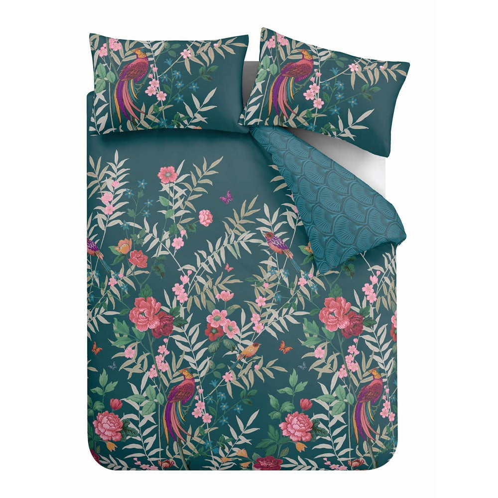 Lenjerie verde pentru pat de o persoană 135×200 cm Tropical Floral Birds – Catherine Lansfield 135x200 imagine noua