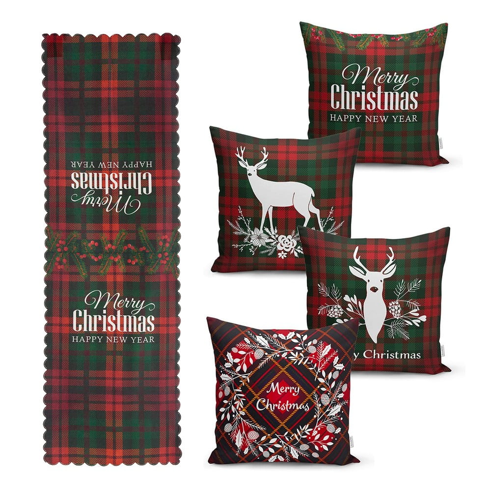 Set 4 fețe de pernă și un napron de masă cu model de Crăciun Minimalist Cushion Covers Tartan Christmas bonami.ro imagine noua