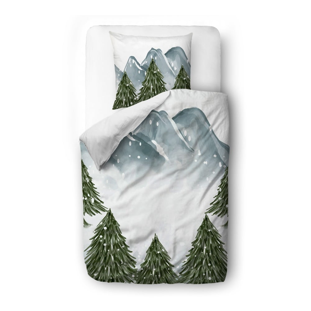 Lenjerie de pat alb/verde din bumbac satinat 135×200 cm In the Woods – Butter Kings 135x200