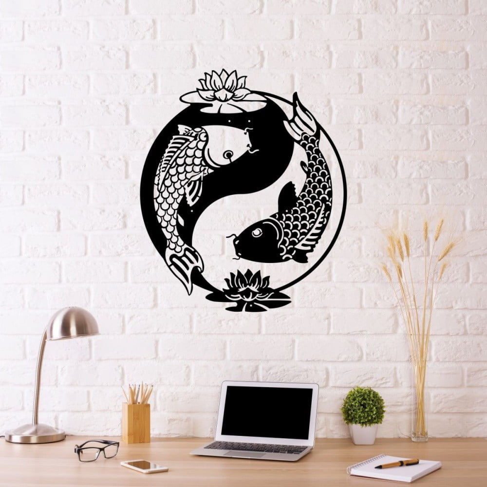Decorațiune metalică de perete Fish Yin Yang, 41 x 49 cm, negru
