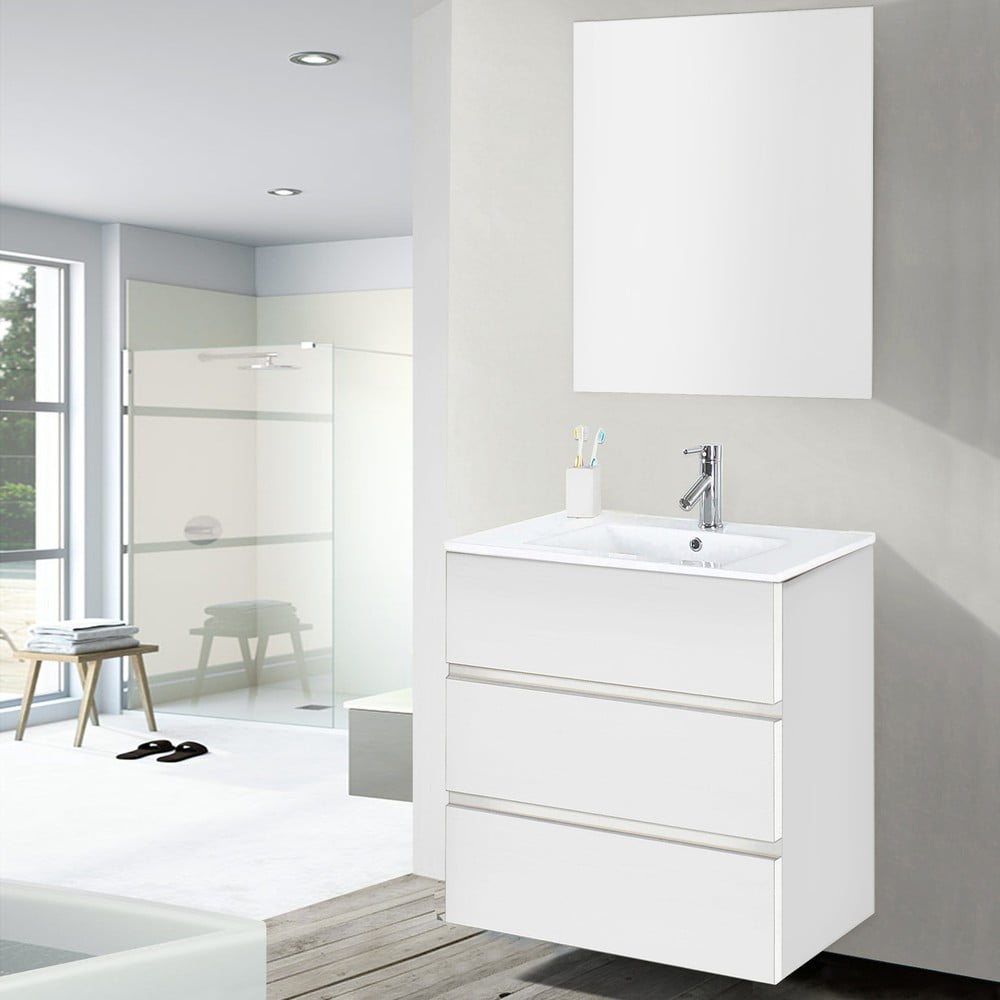 Dulăpior baie cu lavoar și oglindă Nayade, nuanță de alb, 60 cm