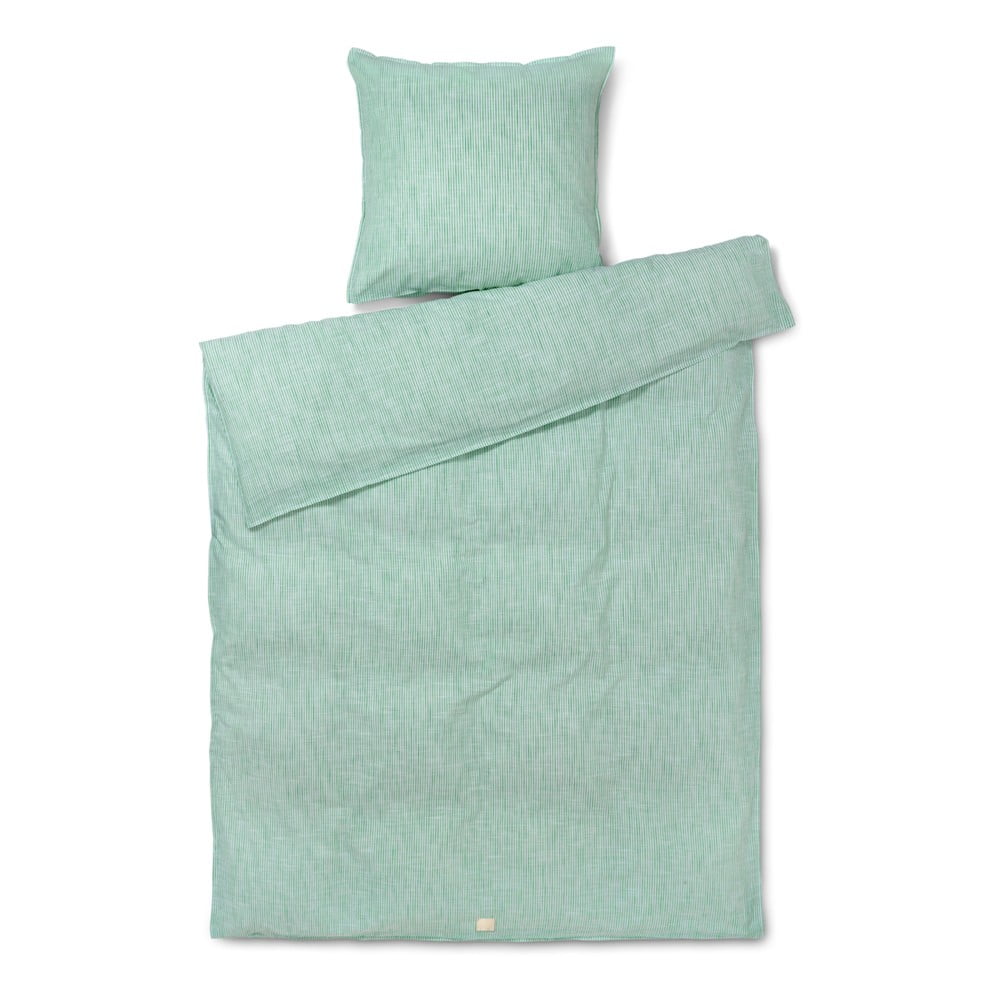 Lenjerie de pat albă/verde din bumbac organic pentru pat de o persoană 140x200 cm Monochrome Lines – JUNA