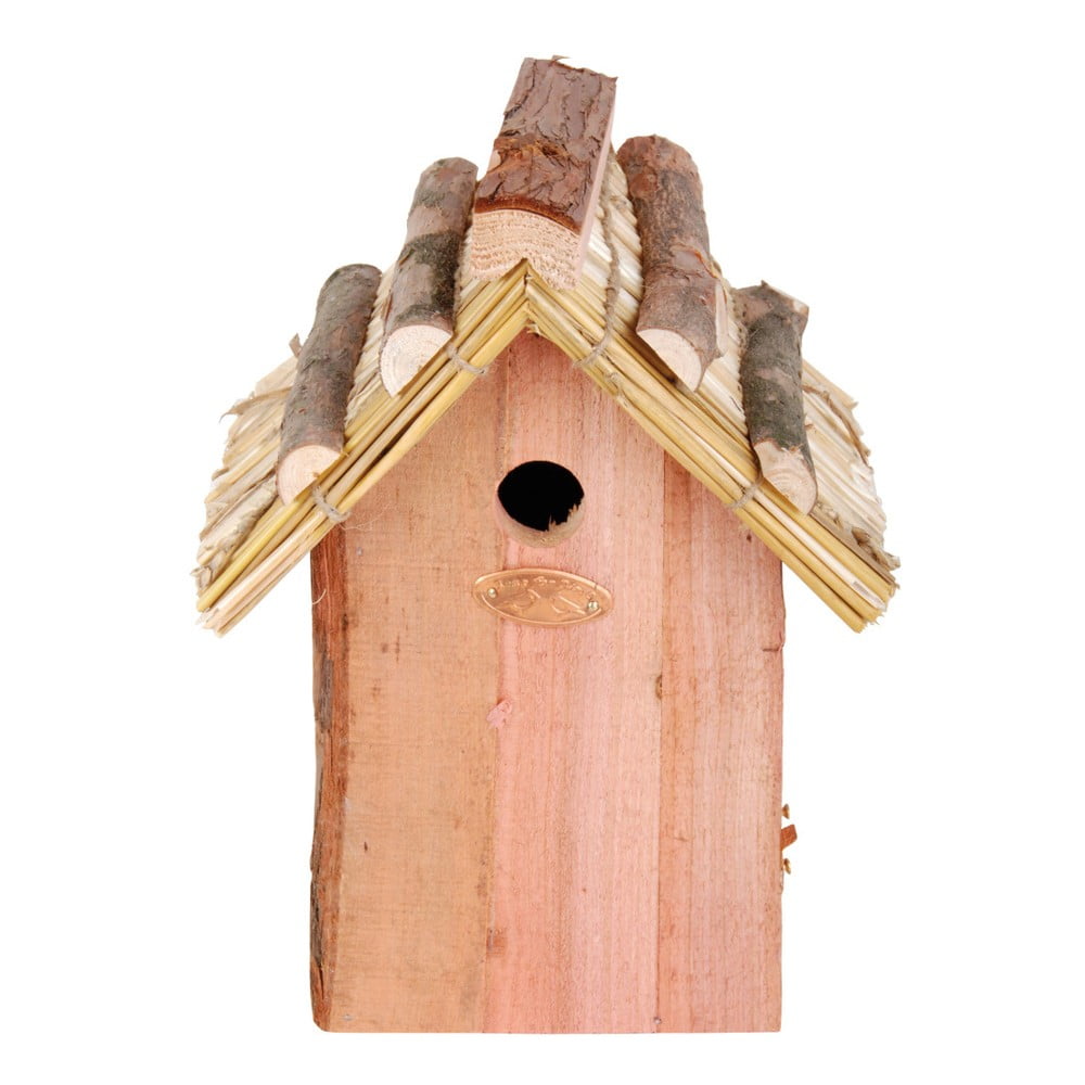  Căsuță din lemn de pin și acoperiș din paie pentru păsări Esschert Design Antik, înălțime 27 cm 