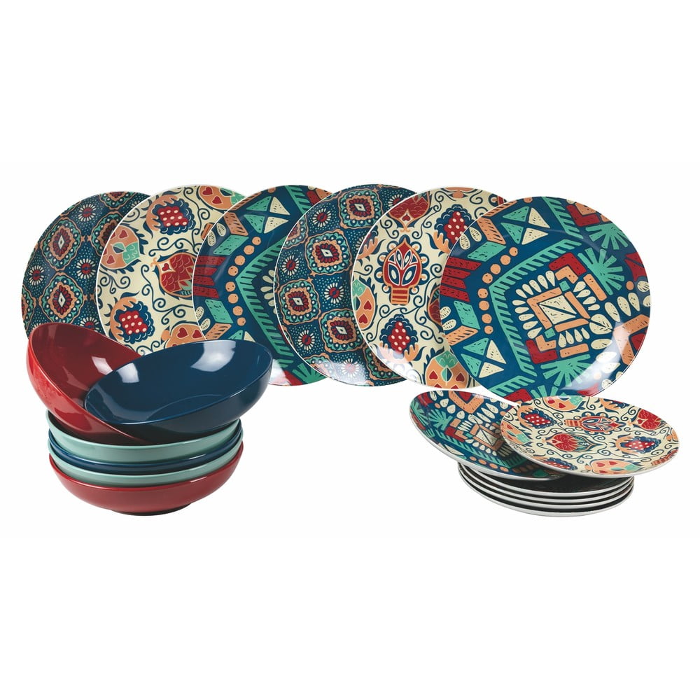 Set 18 farfurii din porțelan și gresie Villa d´Este Mon Afrique, multicolor