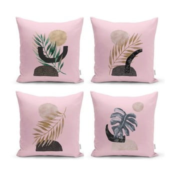 Set 4 fețe de pernă decorative minimalist cushion covers geometric leaf pink, 45 x 45 cm