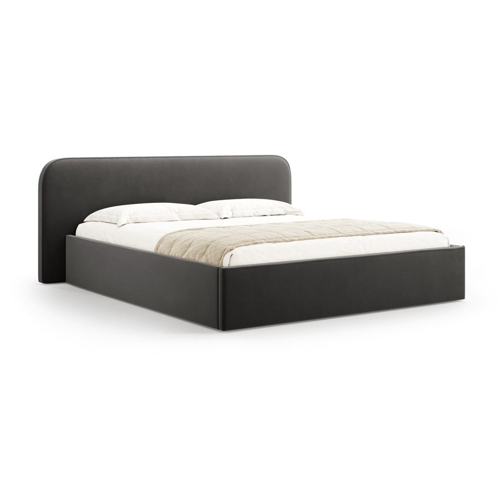 Pat matrimonial negru tapițat cu spațiu de depozitare cu somieră 160x200 cm Elizabeth – Micadoni