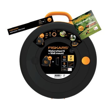 Set tambur de irigat, furtun și suport de montat pe perete fiskars, negru