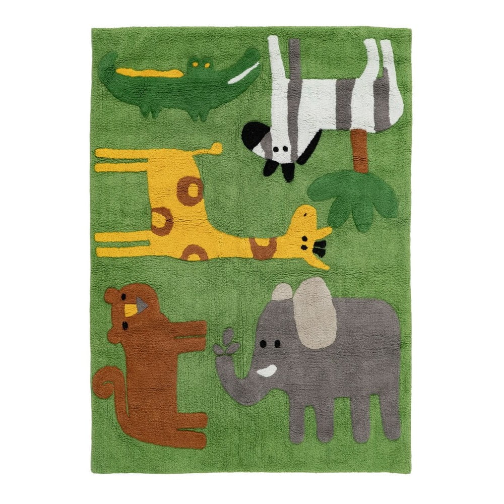 Covor pentru copii verde lavabil din bumbac 100x135 cm Animals – Ixia