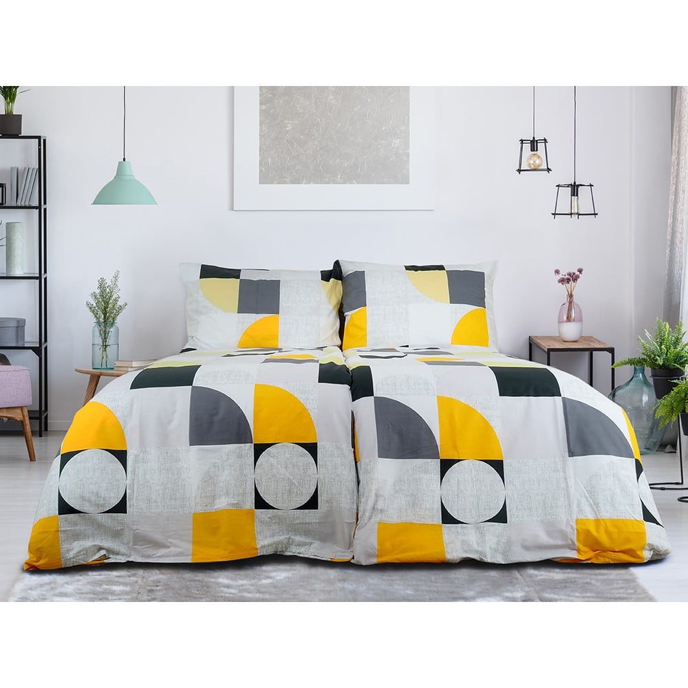 Lenjerie de pat galbenă/gri din țesătură crep pentru pat de o persoană 140x200 cm Geometries – B.E.S.