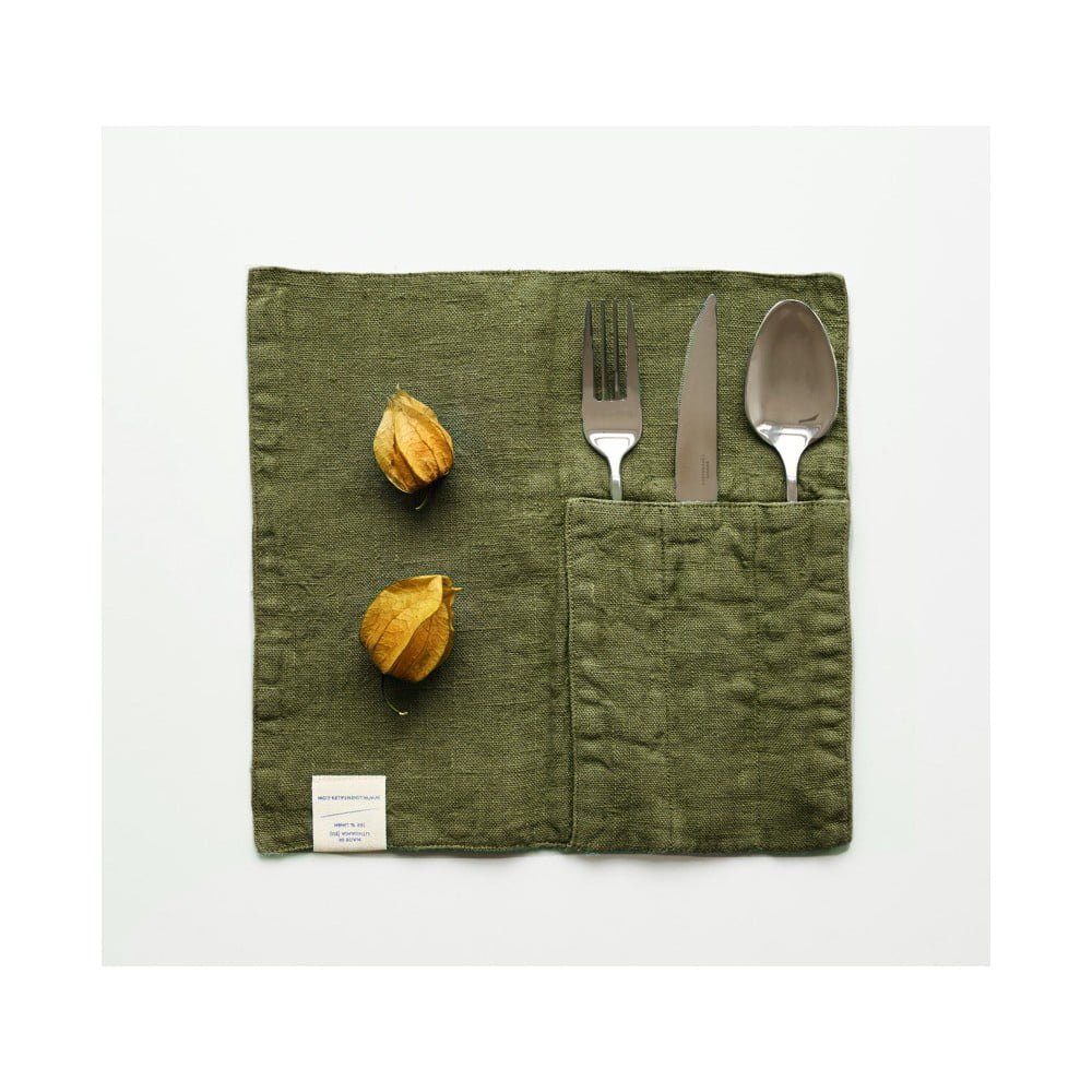 Poza Set 2 suporturi-buzunar din in pentru tacamuri Linen Tales, verde masliniu