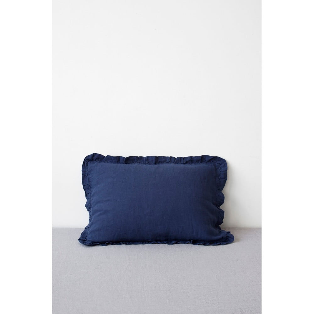 Față de pernă din in cu tiv plisat Linen Tales, 50 x 60 cm, albastru marin