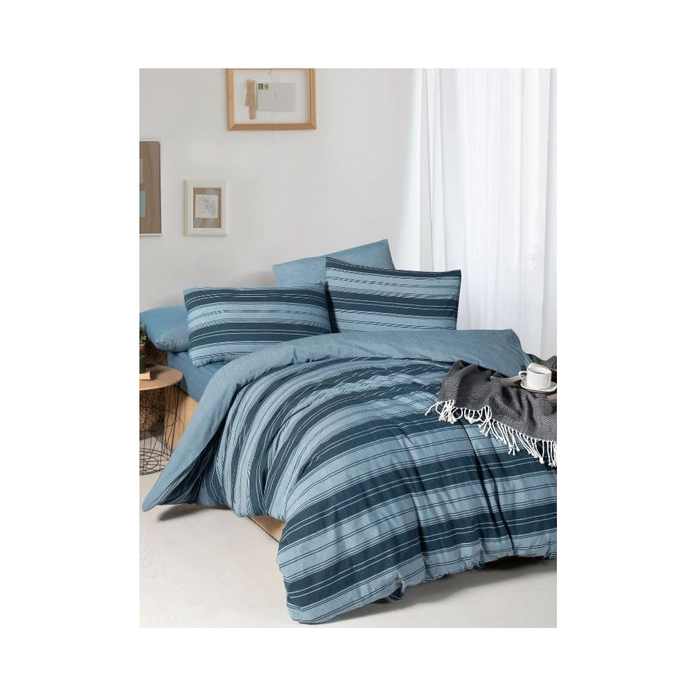 Lenjerie de pat albastră pentru pat dublu/canapea extinsă cu cearceaf inclus/cu 4 piese 200x220 cm Stripes – Mila Home