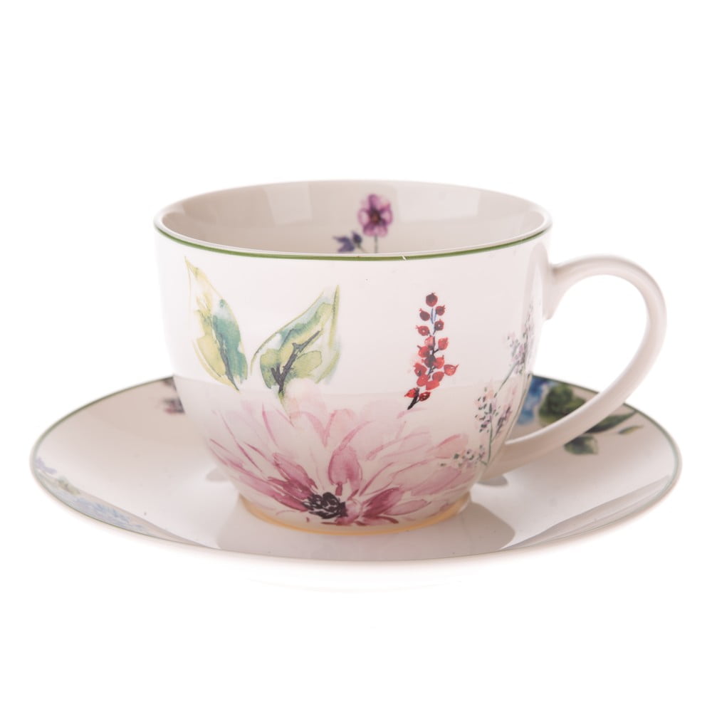Cană din poțelan cu farfurioară dakls flower garden, 260 ml