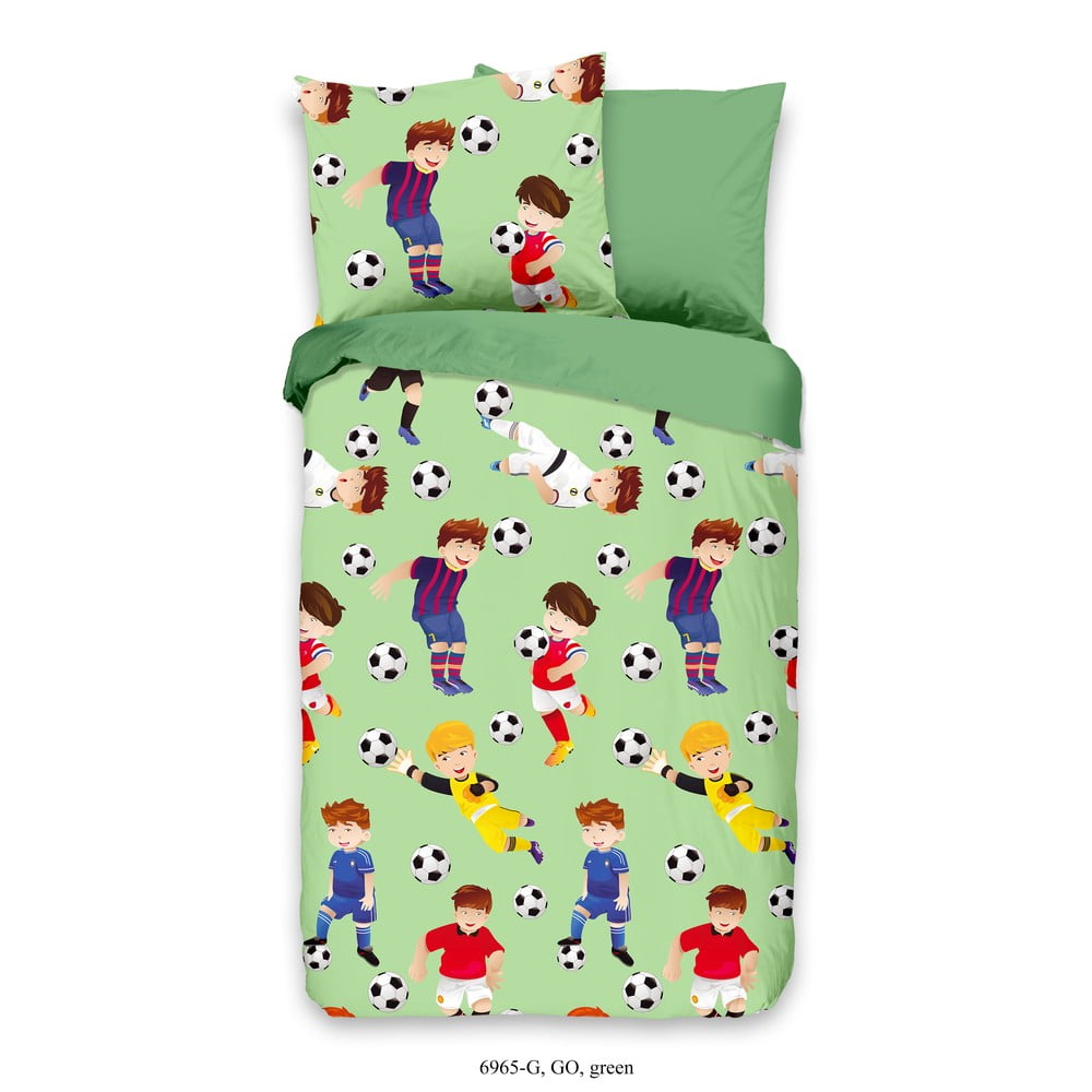 Lenjerie de pat din bumbac pentru copii Good Morning Fotbal, 120 x 150 cm, verde