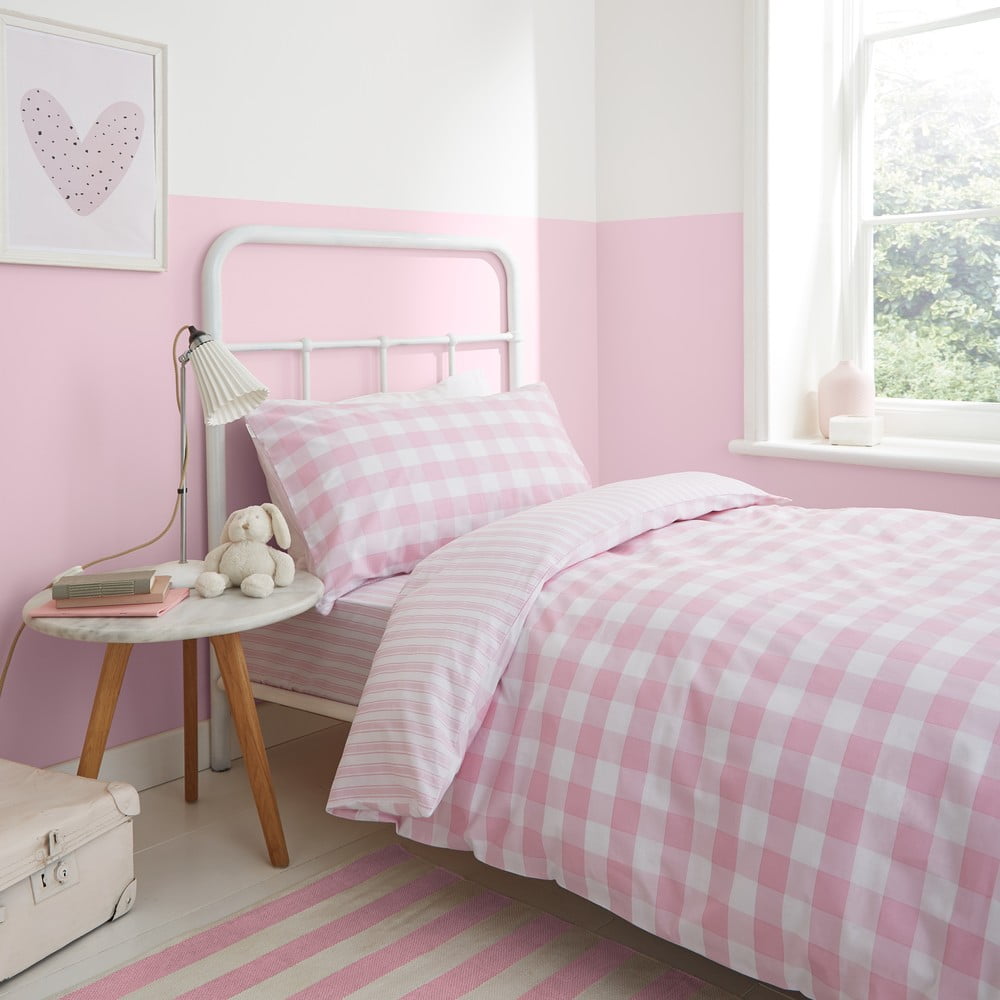 Lenjerie de pat din bumbac Bianca Check And Stripe, 135 x 200 cm, roz 135 imagine noua somnexpo.ro
