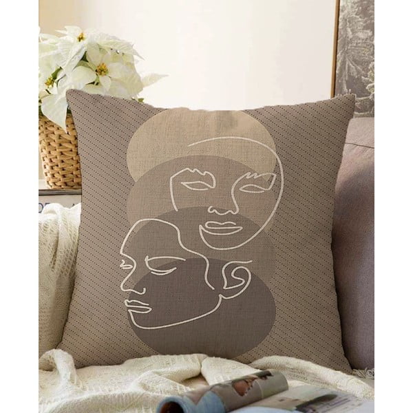 Față de pernă din amestec de bumbac Minimalist Cushion Covers Faces, 55 x 55 cm, bej