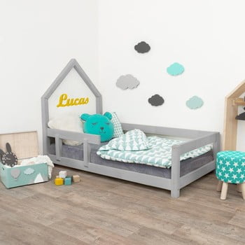 Pat gri tip căsuță pentru copii cu protecție laterală pe stânga benlemi poppi, 70 x 160 cm