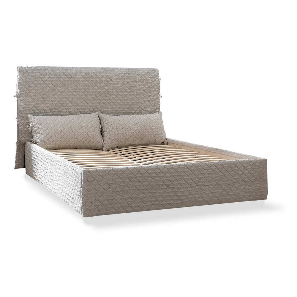 Pat matrimonial bej tapițat cu spațiu de depozitare și somieră 140x200 cm sleepy luna – miuform