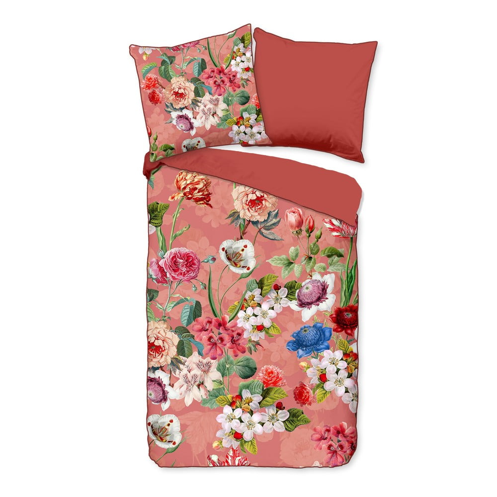Poza Lenjerie de pat din bumbac organic pentru pat dublu Descanso Flowery, 200 x 220 cm, portocaliu