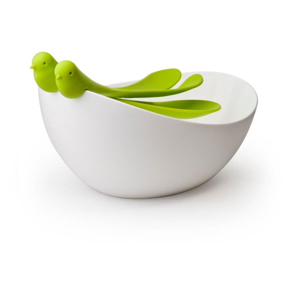 Set de salată cu bol Qualy&CO Salad Bowl, alb - verde