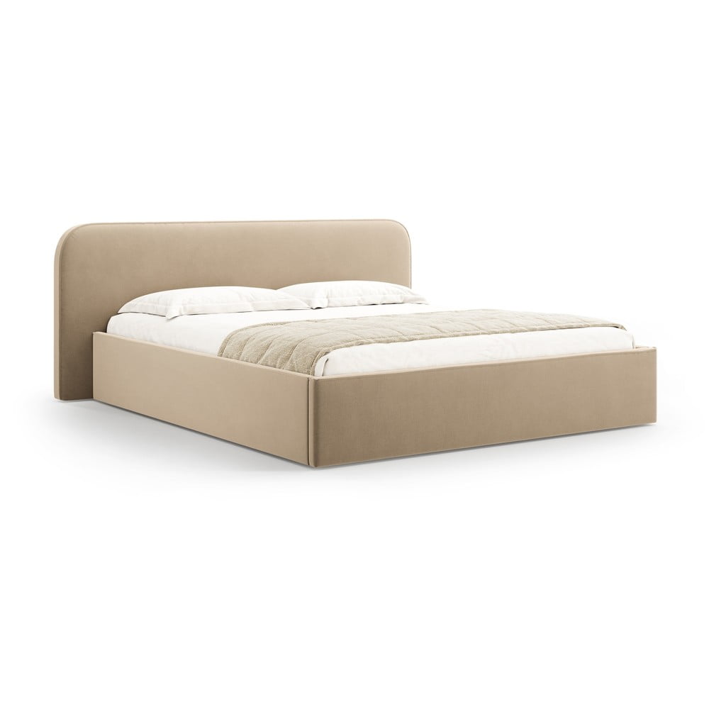 Pat matrimonial taupe tapițat cu spațiu de depozitare cu somieră 140x200 cm Elizabeth – Micadoni
